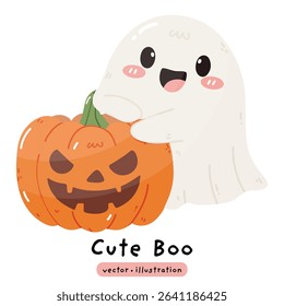 cute ghost with Halloween pumpkin and black cat vector illustration