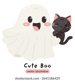 cute ghost with Halloween pumpkin and black cat vector illustration
