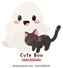 cute ghost with Halloween pumpkin and black cat vector illustration