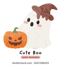 cute ghost with Halloween pumpkin and black cat vector illustration