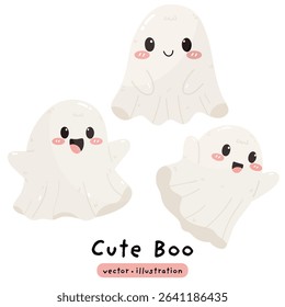 cute ghost with Halloween pumpkin and black cat vector illustration