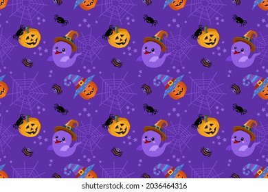 Cute ghost and Halloween pumpkin with spider web background.