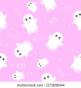 Cute Ghost Halloween Seamless Pattern with Boo and Hug Texts