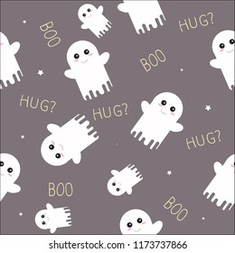 Cute Ghost Halloween Seamless Pattern with Boo and Hug Texts