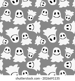 Cute ghost halloween seamless pattern for gift wrapping, kids fabric or party decoration. Fall holiday vector design with traditional symbols.