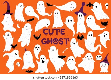 Cute ghost. Halloween set of cute funny ghosts. Hand Drawn Simple Design. Ideal for Posters, Cards, Wall Art or Clothes.