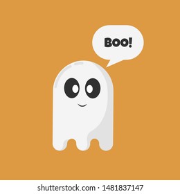 Cute ghost. Halloween ghost with speech bubble isolated on orange background. Happy Halloween. Halloween symbol. Text Boo! Greeting card. Flat design. Vector illustration