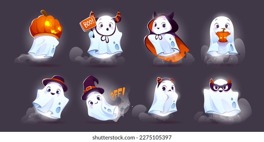 Cute ghost halloween vector illustration set. Happy funny character with pumpkin, hat and dracula costume. Isolated october holiday spooky mascot with emotion expression and smoke on dark background.