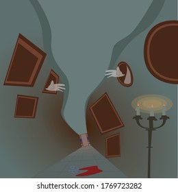 lindo fantasma en el pasillo. Fantasma de caricatura .  Ilustraciones para Halloween al estilo de las caricaturas. Caricatura espeluznante. Ilustraciones vectoriales. Feliz Halloween. Noche espeluznante... fantasmas voladores.
