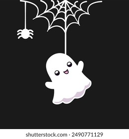 Cute Ghost Hanging on a Spider Web Cartoon, Happy Halloween Spooky Ornaments Decoration Vector illustration