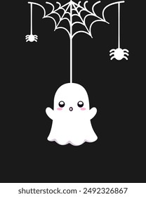 Cute Ghost Hanging on a Spider Web Cartoon, Happy Halloween Spooky Ornaments Decoration Vector illustration