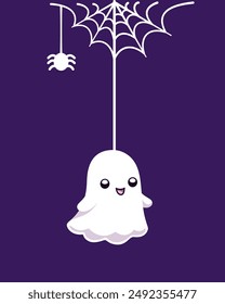 Cute Ghost Hanging on a Spider Web Cartoon, Happy Halloween Spooky Ornaments Decoration Vector illustration