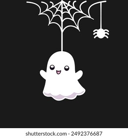 Cute Ghost Hanging on a Spider Web Cartoon, Happy Halloween Spooky Ornaments Decoration Vector illustration