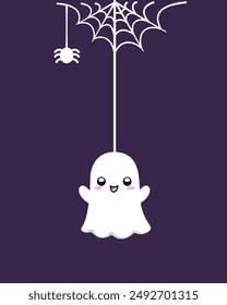 Cute Ghost Hanging on a Spider Web Cartoon, Happy Halloween Spooky Ornaments Decoration Vector illustration