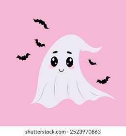 Cute ghost hangman on a pink background. Charming ghost with bats. Halloween character. Vector flat illustration in hand drawn style.