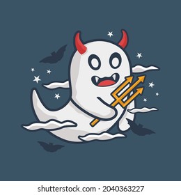 cute ghost happy carrying trident