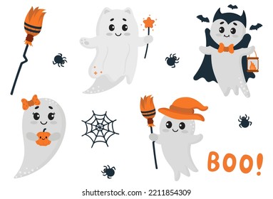 Cute ghost. Happy Halloween ghost characters. Funny scary magical ghost with pumpkin. Halloween set of cute funny ghosts. Cute spooky ghosts. Spooky ghosts in a halloween hat. 