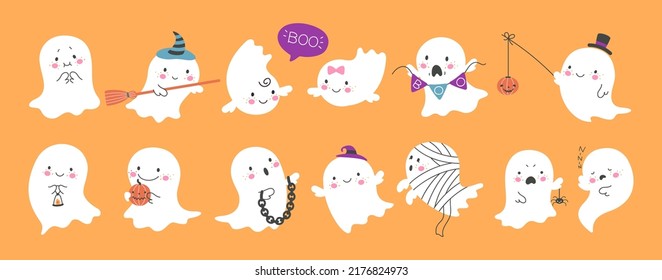 Cute ghost. Happy halloween ghosts characters, spooky expression creature. Funny scary magic demon with pumpkin, mystery creative nowaday vector clipart