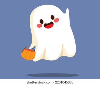 Cute ghost with happy smiling face expression floating with Halloween pumpkin basket for Trick or Treat. Funny spooky character flying and waving