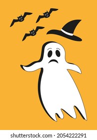 
cute ghost in a hat with bats on an orange background. Flat style