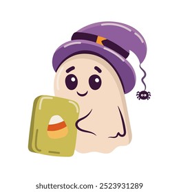 Cute ghost in a hat with a book for Halloween isolated on white background. Childish print for cards, stickers and party invitations. Vector illustration, 31 October collection.