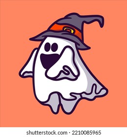 Cute ghost with a hat cartoon vector icon illustration for holleween