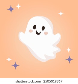 A cute ghost in a hat. The Halloween holiday.  A hand-drawn vector illustration.