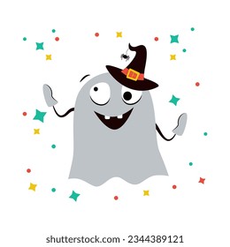 Cute ghost in a hat. Halloween. Isolated vector.