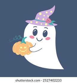 Cute ghost in hat holding pumpkin. Spooky funny Halloween character. Vector flat hand drawn illustration.