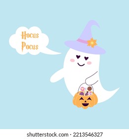 Cute ghost in a hat with pumpkin basket full of candies. Speech bubble. Hocus Pocus. Halloween card.