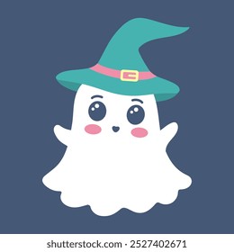 Cute ghost in hat. Spooky funny Halloween character. Vector flat hand drawn illustration.