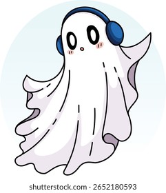 Cute Ghost with Headphones Floating and Listening to Music