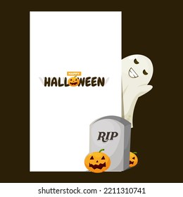 Cute ghost and headstone with happy halloween illustration