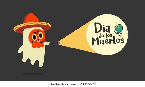 Cute ghost hearing a sombrero with his face painted with traditional decoration just found the announcement of Dia de los Muertos. Vector illustration for Day of the Dead