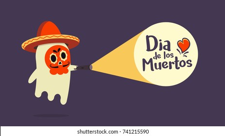 Cute ghost hearing a sombrero with his face painted with traditional decoration just found the announcement of Dia de los Muertos. Vector illustration for Day of the Dead