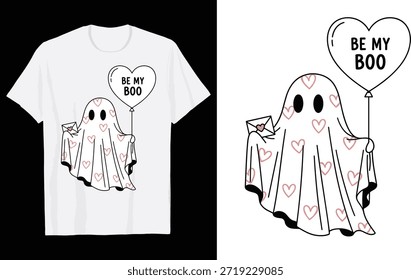 Cute Ghost with Heart Balloon "Be My Boo" Valentine's Day T-Shirt Design