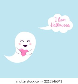 Cute ghost with a heart and speech bubble. I love halloween. Halloween card.
