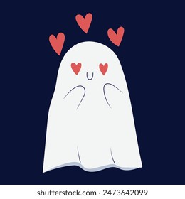 Cute ghost with hearts in his eyes, being in love. Hand drawn isolated vector illustration in flat cartoony design