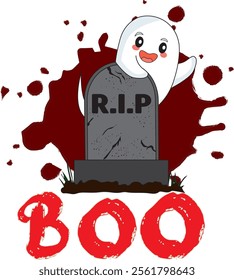 Cute Ghost Hiding Behind Cemetery Boo Vector