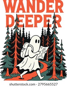 Cute Ghost Hiking with Wander Deeper Typography Forest Adventure Illustration