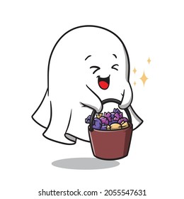 Cute Ghost with His Candy Bucket Cartoon Character Vector Illustration