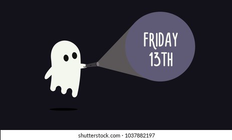 Cute ghost with his flashlight pointing towards Friday 13th. Vector Background illustration for friday 13 superstition day