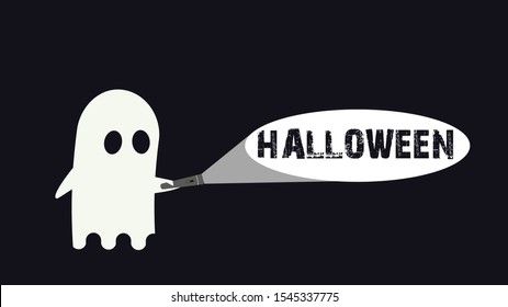 Cute ghost with his flashlight pointing towards Halloween. Vector Background illustration for Halloween superstition day stock illustration