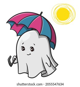 Cute Ghost with His Umbrella Cartoon Character Vector Illustration
