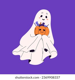 Cute ghost hold basket with sweets. Happy spook carry candy box. Flying spirit with pumpkin. Funny phantom fly, smile. Trick or treat. Halloween party decoration. Flat isolated vector illustration
