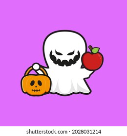 Espectro lindo sosteniendo manzana con calabaza halloween ilustración de ícono de caricatura. Diseño de dibujos animados planos aislados