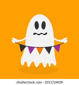 Cute ghost holding bunting flag. Happy Halloween. Cute cartoon ghost spirit, isolated on orange background. Vector illustration