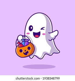 Cute Ghost Holding Candy Basket Pumpkin Cartoon Vector Icon Illustration. People Holiday Icon Symbol Concept Isolated Premium Vector. Flat Cartoon Style