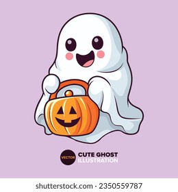 Cute Ghost Holding Candy Basket Pumpkin Cartoon Illustration: Spooky Flair in Flat Vector Style!