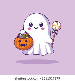Fantasma bonito segurando doce cesta de abóbora vetor de desenhos animados ícone ilustração. Vetor Premium Isolado do Conceito de Símbolo de Ícone de Feriado de Pessoas. Estilo de Desenho Animado Plano